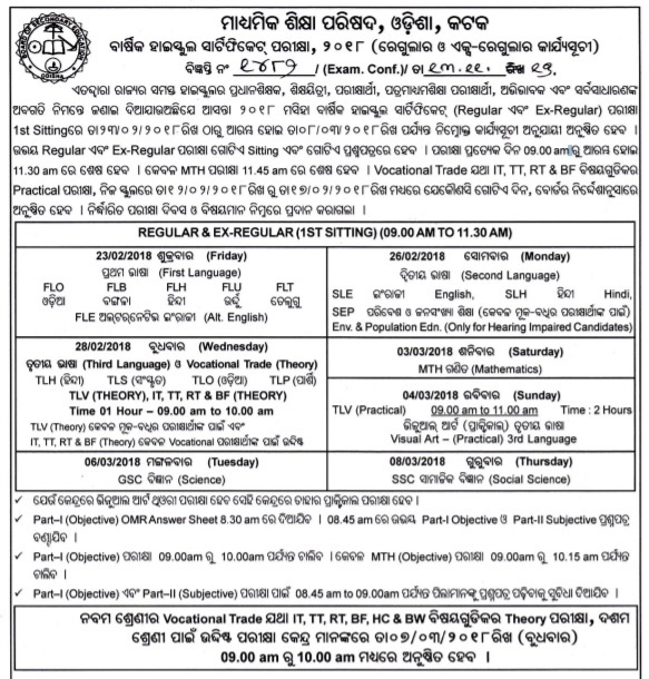 bse odisha matriculation 2018 time table